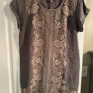 Johnny Was Linen Embroidered Dress - Taupe with Cream Embroidery
